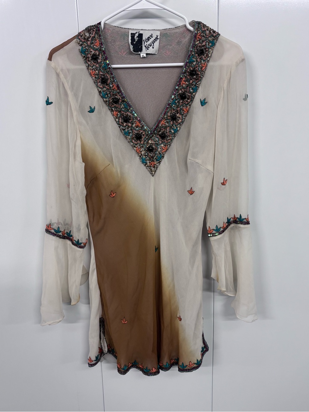 Vintage Venee New York Pure Silk Beaded Blouse XL Boho Tunic Y2K Woman’s